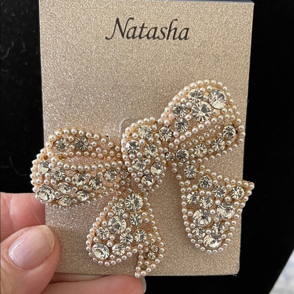 Natasha Couture Jewelry - Natasha Couture Pearl and Crystal Bow Brooch